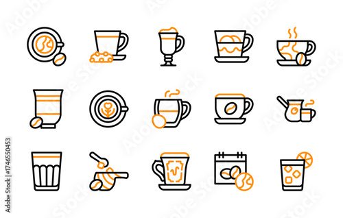 Set of International Coffee Day icon. Coffee Cup, Asian Drink, Irish Coffee, Affogato, Flat White, Vietnamese Coffee, Turkish Coffee, Hong Kong, German, Mazagran, Swedish vector. 