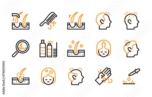 Set of Hairloss icon. Hair Transplant, Comb Hair Loss, Magnifying Glass, Hair, Shampoo Conditioner Comb, Hair Care, Alopecia, Hair Damage, Hair Serum vector. 