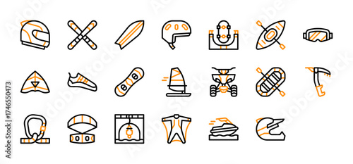 Set of Extreme Sports icon. Helmet, Ski, Surf, Helmet, Skateboard Ramp, Kayak, Ski Goggles, Hang Glider, Climbing Shoes, Snowboard, Windsurf, Quad, Rafting Boat, Ice Axe, Carbine vector. 