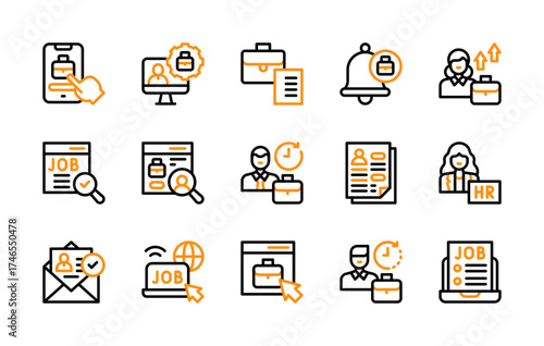 Set of Job Portal icon. Job, Job Search, Smartphone, Career Growth, Job Profile, Resume, Briefcase, Bell Briefcase, Person, Hr, Verified Profile, Online Job Search, Professional vector. 