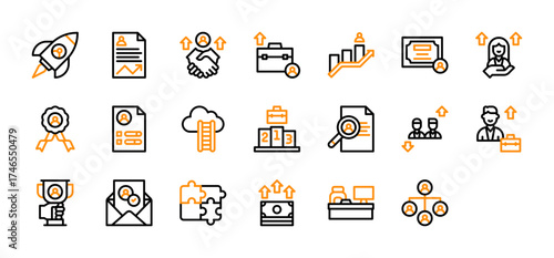 Set of Job Promotion icon. Salary Increase, Document Report, Organization Chart, Puzzle Pieces, Growth Chart, Rocket Ship, Handshake Agreement, Diploma, Woman, Badge Award, Skills, Cloud vector. 