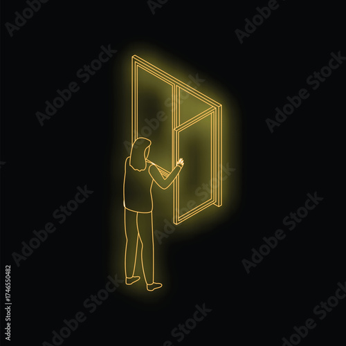 Neon illustration of a woman opening a window, letting fresh air in