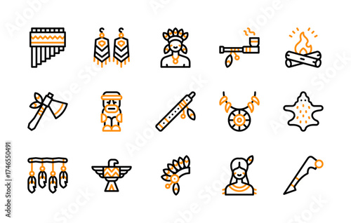 Set of Native American icon. Panpipes, Earrings, Smoking Pipe, Bonfire, Tomahawk, Totem, Native American Flute, Necklace, Skin Rug, Feathers, Native American Eagle, Headdress, Native American vector. 