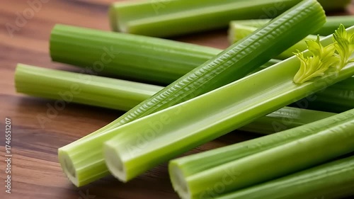 Fresh Green Celery Stalks on a Wooden Table.