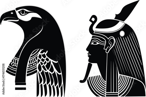 Ancient Egyptian deity Horus vector icons set, black outline mythology symbols on white background