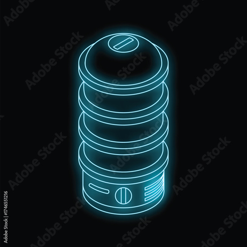 Neon food steamer with multiple tiers glowing blue against a dark background