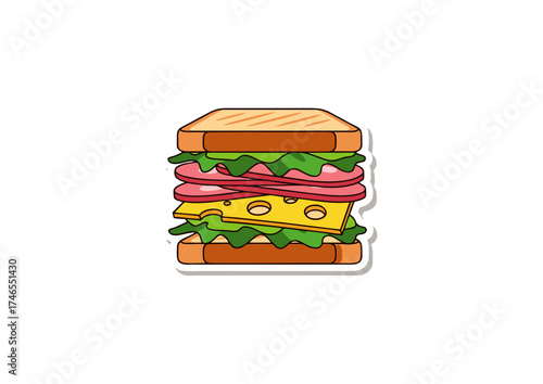 Cartoon illustration of a layered sandwich with ham, cheese, and lettuce on toasted bread. Ideal for food menus and snack graphics
