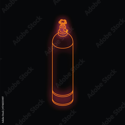 Glowing neon line icon of gas cylinder on black background