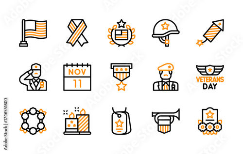 Set of Veterans Day icon. Salute, Medal Star, Military Tag, Flag, Ribbon, American Flag, Military Helmet, Firework, Calendar, Soldier, Flower Wreath, Candle, Bugle, Tombstone vector.