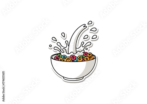 Vibrant breakfast cereal O's with a dynamic milk splash, a cheerful and nutritious start to the day, perfect for morning meals, symbolizing energy and fun