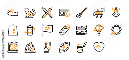 Set of Turkiye icon. Stray Cat, Heart Turkish Flag, Crossed Swords, Turkish Lira, Kopuz, Trojan Horse, Whirling Dervish, Fez, Lantern, Flag, Burrito, Shoes, Hot Air Balloon vector. 
