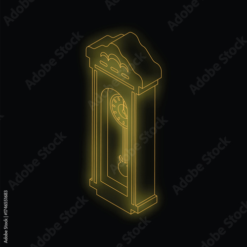 Retro grandfather clock is glowing on a black background