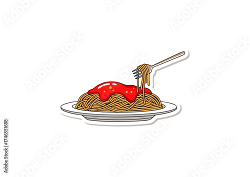 A delectable classic Italian spaghetti pasta dish with rich red tomato sauce, served elegantly on a plate with a fork twirling perfectly cooked noodles, presented as a vibrant culinary illustration
