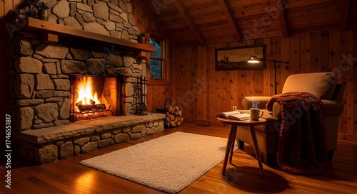Wallpaper Mural Cozy cabin interior with a crackling fireplace, armchair, and warm lighting creating a relaxing winter evening atmosphere. Torontodigital.ca