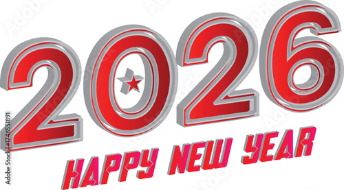 2026 Happy New Year typography design with festive red 3D numbers and star decoration, modern celebration vector for posters and greeting cards.