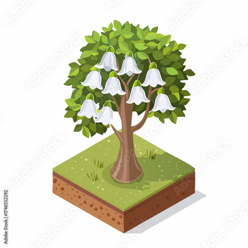 Tree with white bell flowers isometric view