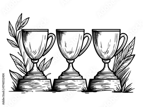 Golden, silver, and bronze trophy cups are displayed on a winner's pedestal, situated on a champion podium, illustrating the modern concept of awards in sport or race competitions