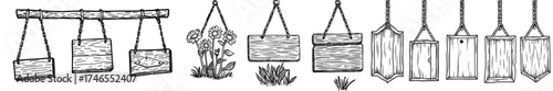 Rustic wooden signboards suspended from rope, accompanied by blank banners, arrow signs, and uniquely shaped boards hanging from chains