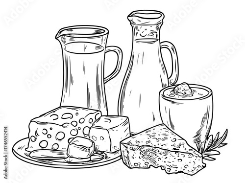 Dairy products like cheese slices, milk in different packaging, yoghurt, butter, curd, and cream make up this modern cartoon farm food set