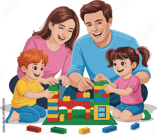 Family building colorful toy brick structure together, teamwork, creativity, learning through play, bonding, parenting, children, fun, window piece, indoor activity
