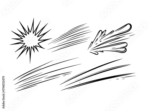 Manga and anime can utilize a comic line effect that incorporates radial and horizontal speed motion textures, as well as explosion, flash, and fast action lines, in a modern graphic set