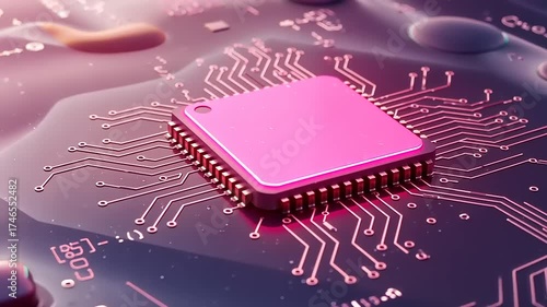 Glowing Pink CPU Microchip on a Futuristic Circuit Board.