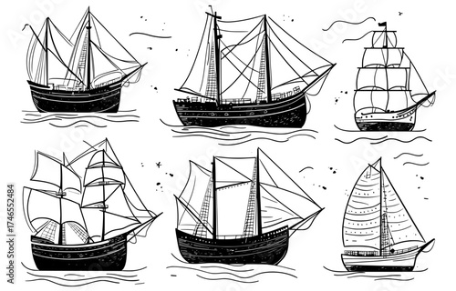 The silhouettes of various boats are depicted, including sailboats, barges, fishing boats, cruise ships, sea yachts, passenger vessels, and cargo ships, all as icons for a modern nautical transport