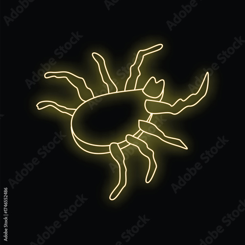 Bright yellow neon sign of a mite is glowing on a black background