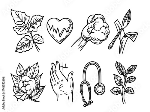 A modern set of icons for charity and donation is represented by hands donating money and hearts, accompanied by symbols for community support, such as family adoption, food assistance, and care