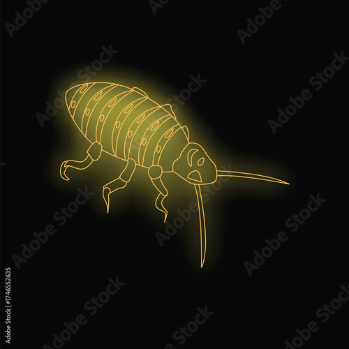 Neon cockroach is glowing on a black background