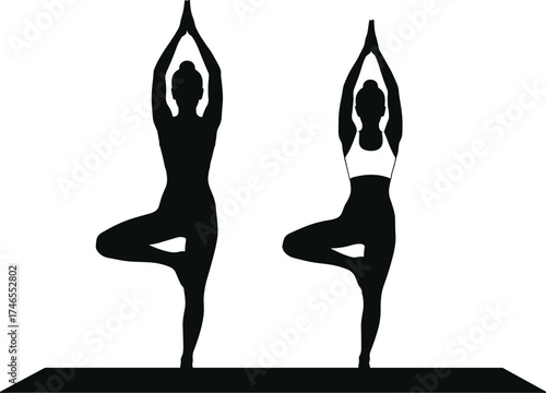 Yoga tree pose silhouette, fitness balance illustration, meditation and wellness artwork, exercise lifestyle graphic, harmony and focus symbol, health icon
