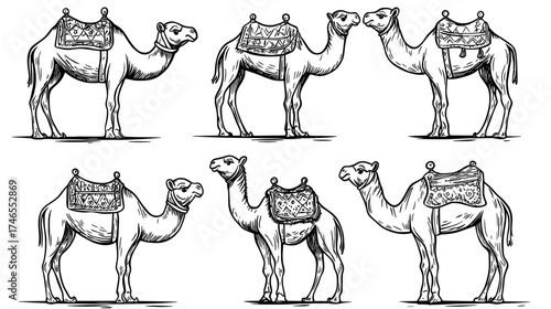 A set of modern illustrations features cartoon arabian dromedary characters, including camels that are wild and domesticated desert caravan animals with a saddle, and a camel with a decorated seat