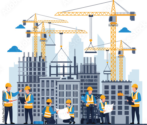 ector concept showing architects, engineers, and laborers managing construction progress of urban buildings. Great for teamwork, business development, and infrastructure design themes