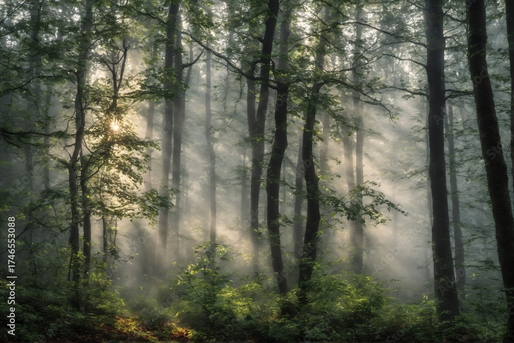 Fototapeta premium Sunlight streaming through misty forest trees on a foggy morning