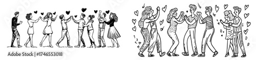 The illustration set represents a happy situation between a female and male, highlighting a young cartoon boy and girl in love, surrounded by hearts and smiling faces