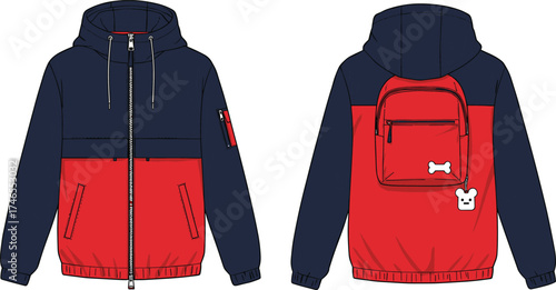 Color block hoodie jacket with front zipper, side pocket, back backpack view, fashion cad sketch, flat vector illustration