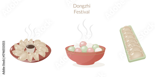 Holiday asian elements collection. Vector illustrations for Dongzhi festival and winter celebration. Chinese winter solstice art for menu template, website banner, promotional materials