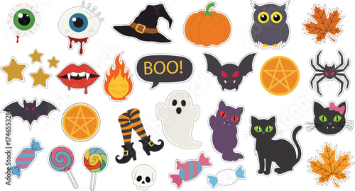 Spooky Halloween Stickers Clipart Pack Witch Bat Ghost Candy Cat Spider Owl Pumpkin Eye and Skull for Crafts and Party