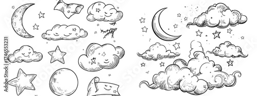 Illustrate a modern set of hand-drawn night sky elements, including a moon, stars, doodle clouds that evoke dreamy sleep, and a crescent moon in a starry sky with shooting stars, all as part of a