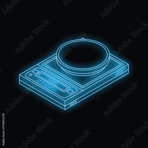 Glowing blue outline of cd player with open tray on black background