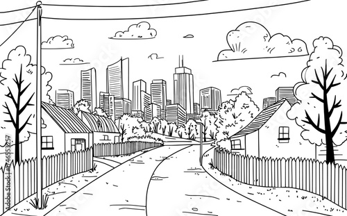 A suburban landscape featuring urban architecture, including small and big city buildings, is depicted in a cartoon modern illustration of suburban houses