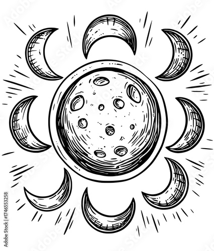 Phases of the moon are depicted in the mystic sky, accompanied by a mother moon design that can be used as a pagan tattoo or sketch, part of a wicca moon goddess modern illustration set with lunar