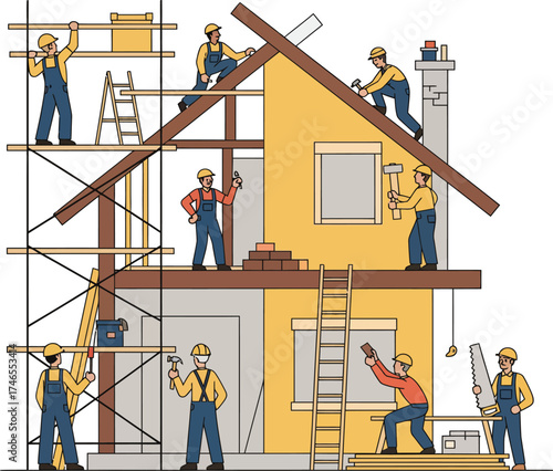 Workers building and renovating a two-story family house