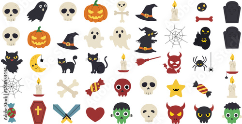 Spooky Season Halloween Elements Icons Set Ghosts Pumpkins Bats Candles Skulls Witches Hats and more Holiday Theme Fun