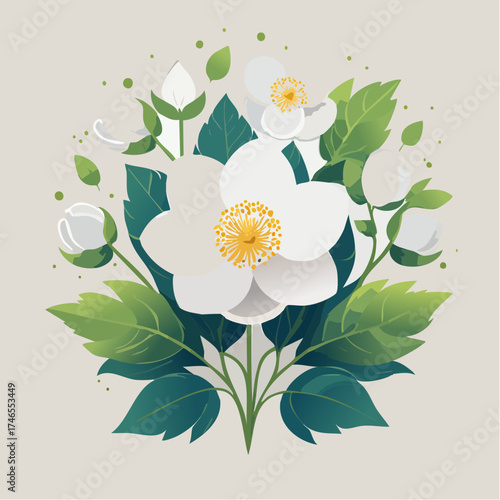 White jasmine flower with green leaves