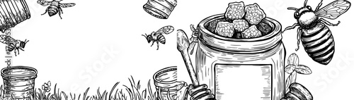 The modern collection includes a honey banner, along with banners for healthy sweets, natural bees honey pot and bee farm products