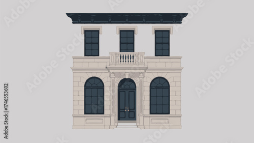Illustration of a two story building with arched windows and a small balcony on a gray background