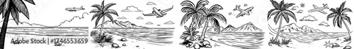 A modern cartoon illustration of a beach backdrop featuring a sandy seashore, palm tree, and sea coast, ideal for vacation seaside travel