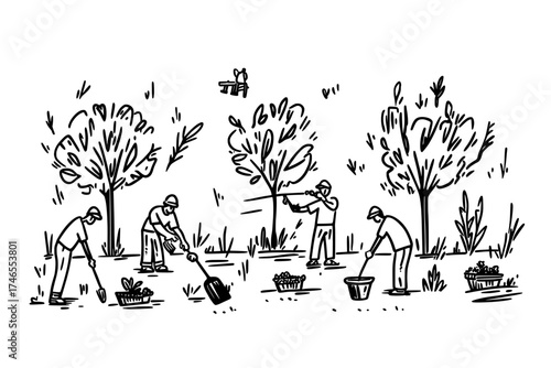 A woman is planting flowers in a garden as people around her are gardening, depicted in a modern flat illustration set that showcases gardening as both a hobby and a job