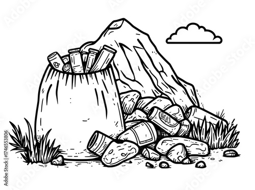 Modern cartoon illustration of a garbage dump with smelly trash in garbage bags, city dumps, and a pile of rubbish